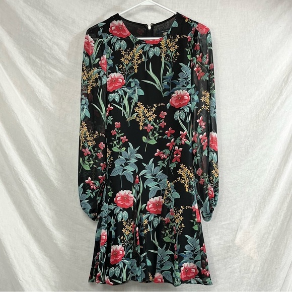 Tommy Hilfiger Floral Sheer Fit Flare Short Dress Womens 2 3/4 Sleeve Waist Tie - Picture 1 of 16